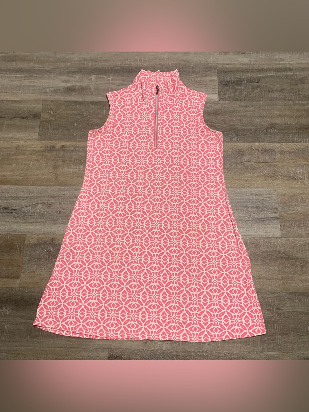 Anthony’s Resort Wear Pink/White Geometric A-Line Mock Neck Zip Dress L